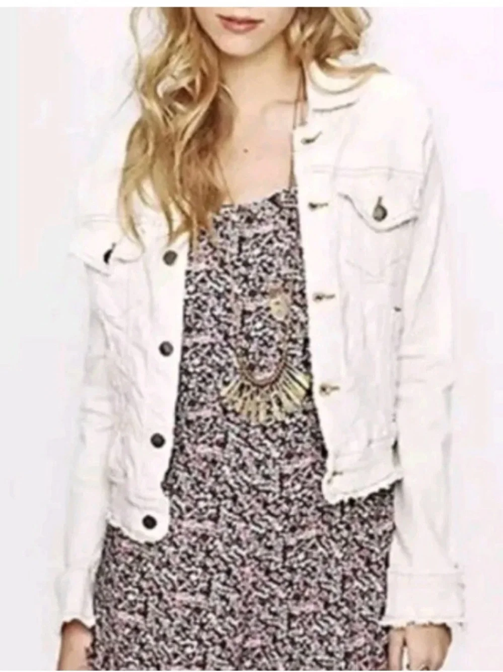 Free People Blush White Cotton Cropped Denim Jean Jacket Size XS Like New - Picture 2 of 7